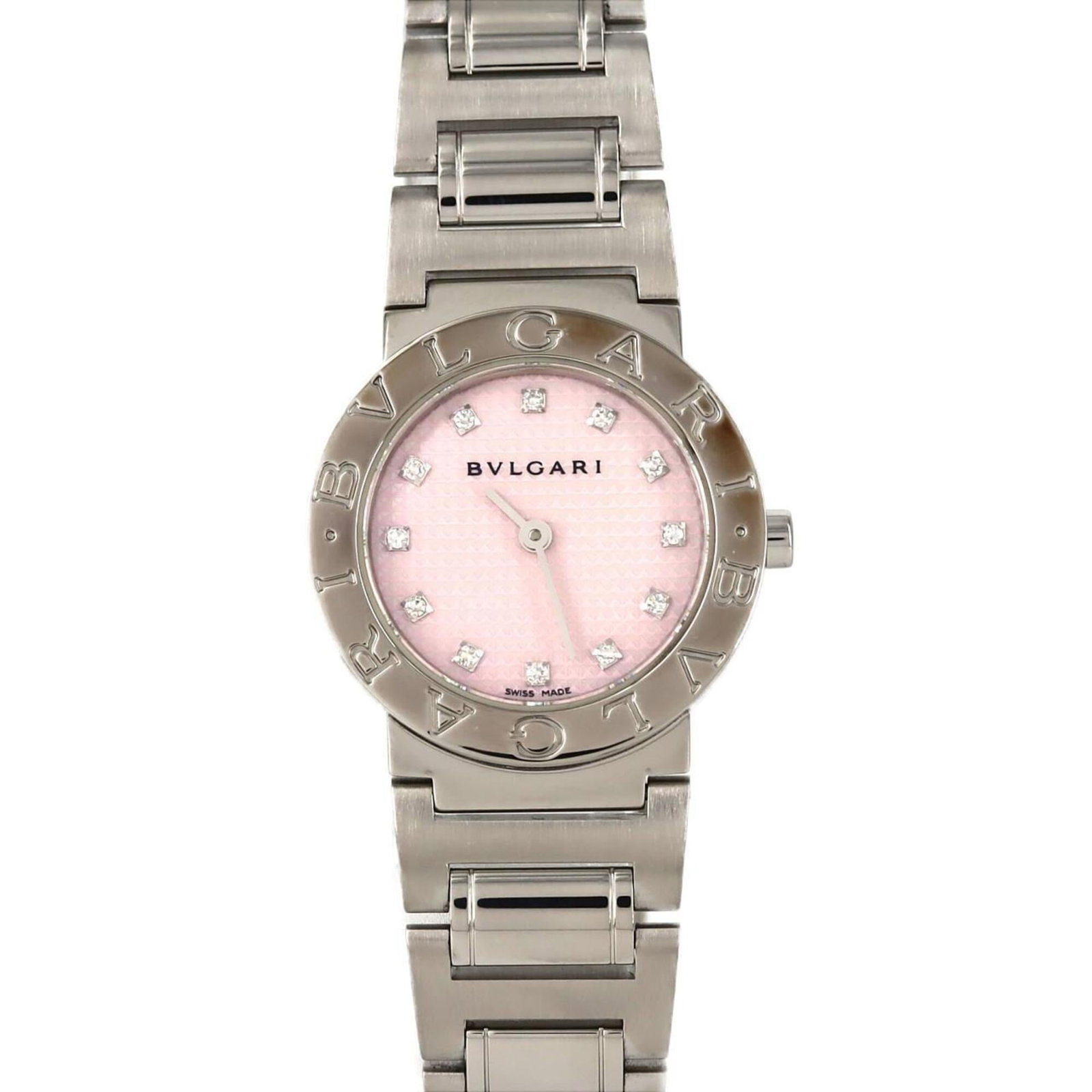 Bvlgari Wristwatch: Bvlgari Wristwatch Stainless steel case and band add an edgy touch to this pink shell Bvlgari wristwatch, measuring 26mm in diameter. The watch has a few traces of usage, with some scratches and dirt 