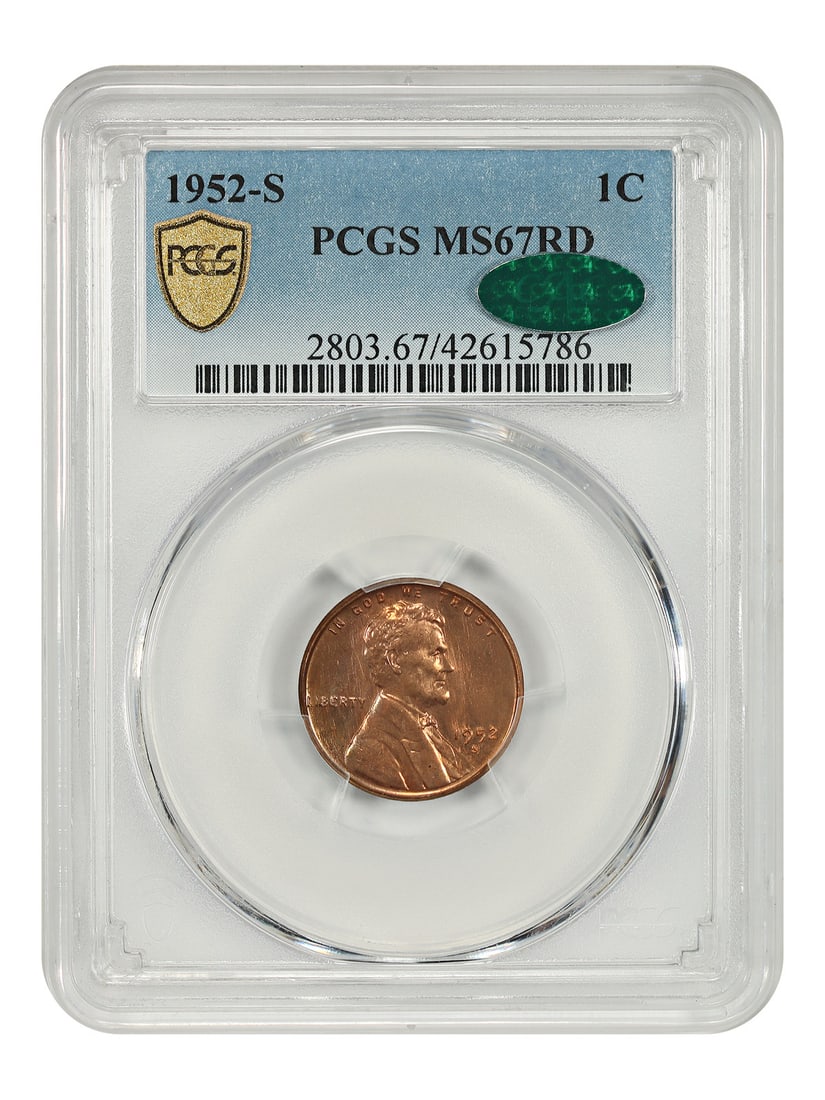 1952-S 1C PCGS/ CAC MS67RD - Lincoln Cent (Wheat Reverse): 1952-S 1C PCGS/ CAC MS67RD - Lincoln Cent (Wheat Reverse) The 1952-S Lincoln Cent (Wheat Reverse) in MS67RD condition boasts exceptional preservation, with its striking details and rich patina still v