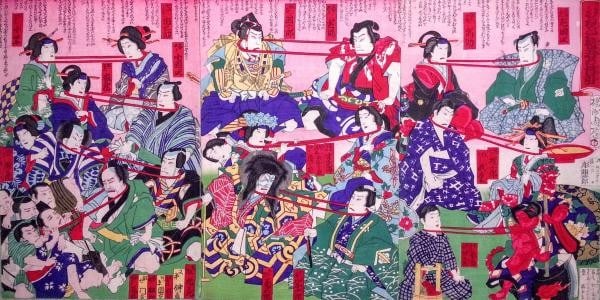 Woodblock print by actor pulling neck in triptych 1881 Toyohara Chikanobu: Woodblock print by actor pulling neck in triptych 1881 Toyohara Chikanobu Woodblock print by Toyohara Chikanobu, created in 1881, showcases a captivating scene of Kabuki actors engaged in a neck-pulli
