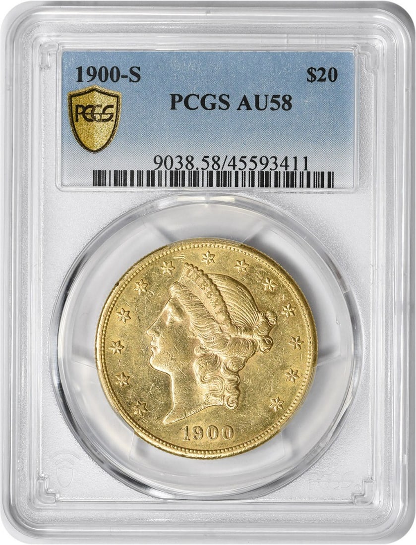 $20 Gold AU58 PCGS Liberty Head 1900-S: $20 Gold AU58 PCGS Liberty Head 1900-S The $20 Gold AU58 PCGS Liberty Head 1900-S features a striking design by James Barton Longacre, with its reeded edge and 34mm diameter making it a notable piece.