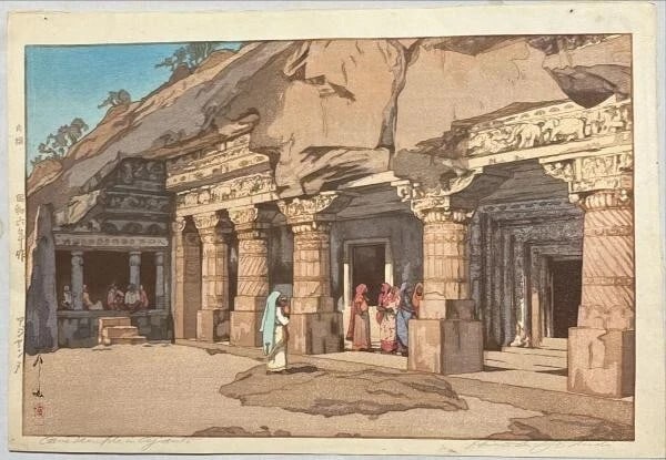 Hiroshi Yoshida Ajanta Woodblock Print 1931 Sheet Only Pencil signed: Hiroshi Yoshida Ajanta Woodblock Print 1931 Sheet Only Pencil signed Hiroshi Yoshida's Ajanta Woodblock Print, created in 1931, showcases the artist's unique interpretation of traditional Japanese des
