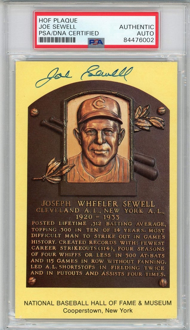 Joe Sewell Hall of Fame PSA Plaque Card: Joe Sewell Hall of Fame PSA Plaque Card Joe Sewell's Hall of Fame Plaque Card features his signature in blue sharpie across the front, authenticated and slabbed by Professional Sports Authenticator (P