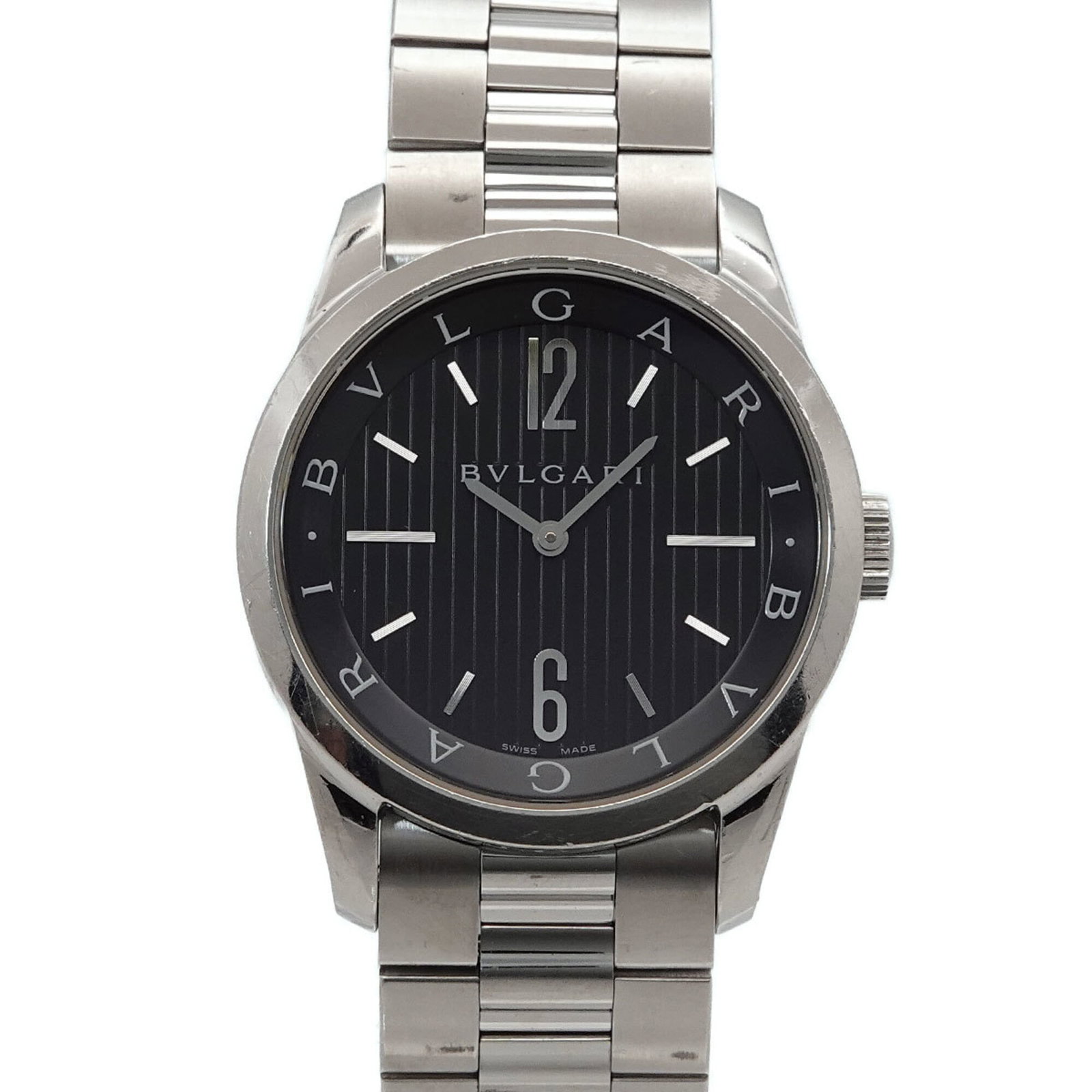 Bvlgari Wristwatch: Bvlgari Wristwatch Stainless steel case and band provide a sleek, modern look for the Bvlgari wristwatch. With its black dial and 37mm diameter, this timepiece exudes understated elegance. A few trace