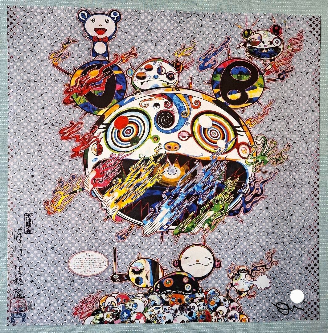 Murakami Chaos Silkscreen Edition Autograph: Murakami Chaos Silkscreen Edition Autograph Takashi Murakami's vibrant artwork is showcased in this beautifully framed lithographed print, featuring the artist's signature. This numbered edition