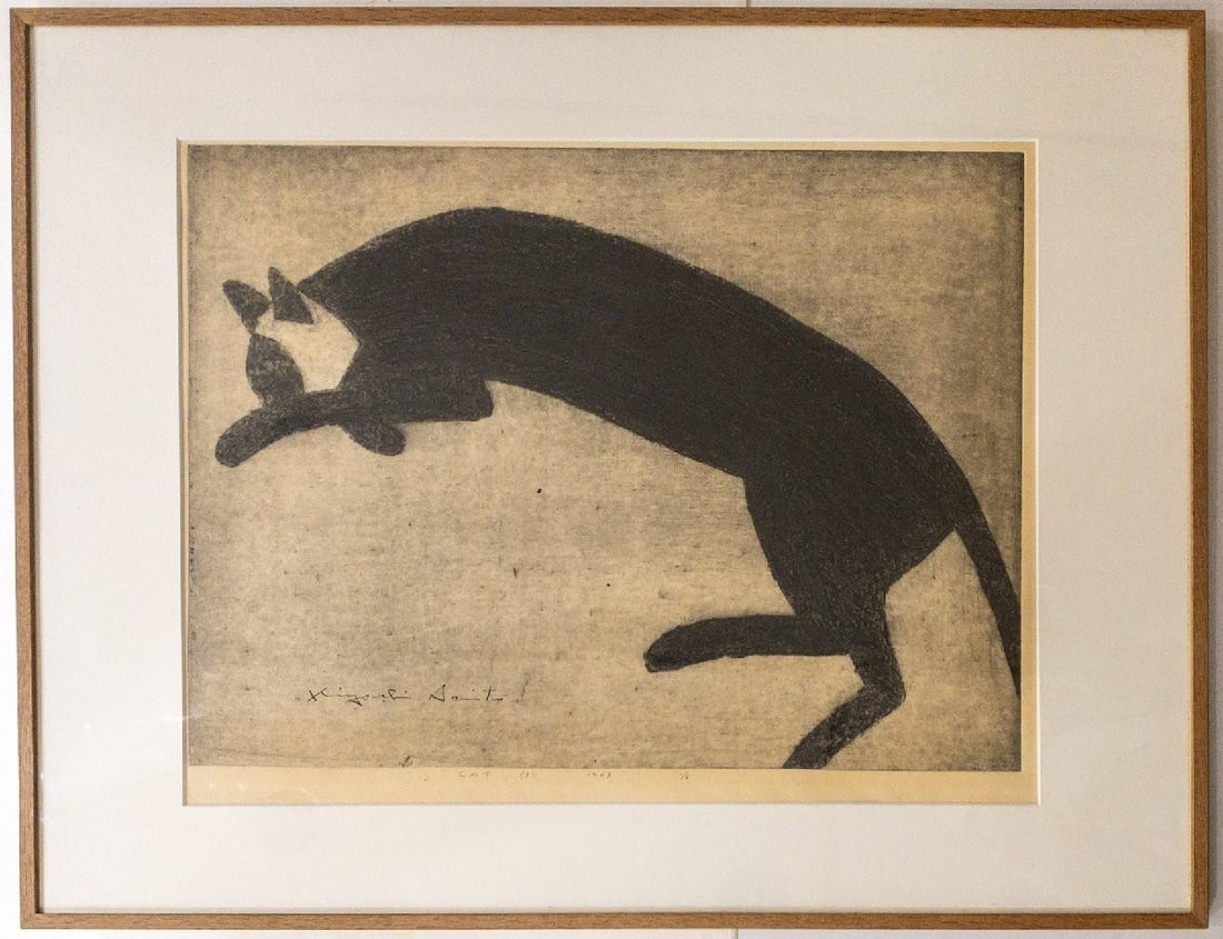 Kiyoshi Saito "CAT (3)" Collagraph 1963 ed.1/ 6 Framed: Kiyoshi Saito "CAT (3)" Collagraph 1963 ed.1/ 6 Framed Kiyoshi Saito's "CAT (3)" collagraph, created in 1963, bears the artist's signature. This unique piece is framed and presented as an original edi