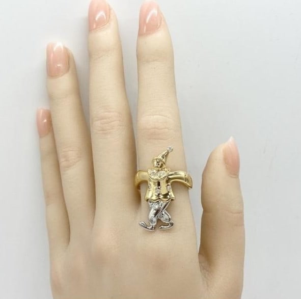 18k Yellow Gold Platinum 900 Diamond 0.17ct Dancing Clown Pierrot Ring US8.5 (1 of 9)