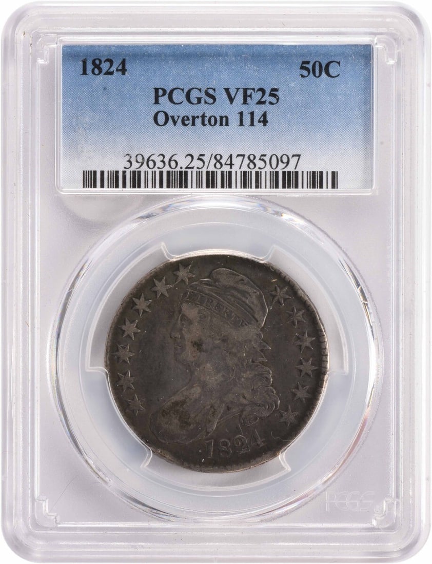 1824 Bust Silver Half Dollar O-114 VF25 PCGS: 1824 Bust Silver Half Dollar O-114 VF25 PCGS The 1824 Bust Silver Half Dollar O-114 features a distinctive design by John Reich, with its lettered edge reading FIFTY CENTS OR HALF A DOLLAR. Certified 