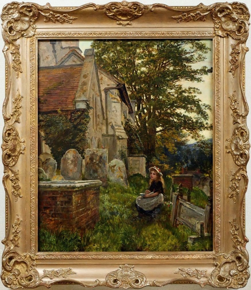Alfred Dixon "Girl by the Church" Oil on canvas 1876 Framed: Alfred Dixon "Girl by the Church" Oil on canvas 1876 Framed Alfred Dixon's captivating oil on canvas painting, "Girl by the Church," created in 1876, is presented as a single piece. The work bears a s