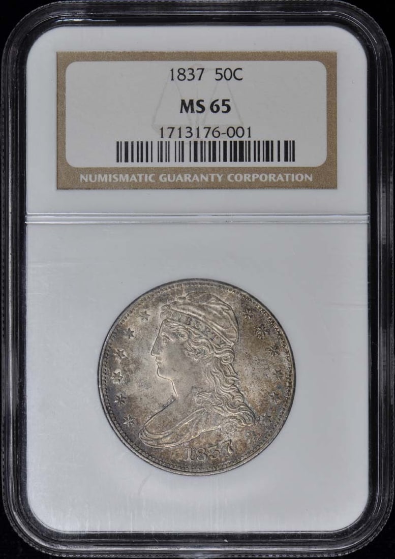 1837 Capped Bust, Reeded Edge 50C NGC MS65: 1837 Capped Bust, Reeded Edge 50C NGC MS65 The 1837 Capped Bust, Reeded Edge 50C NGC MS65 features a striking design with a reeded edge, characteristic of the period. Certified by the Numismatic Guara