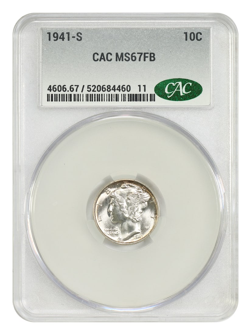 1941-S 10C CACG MS67FB - Mercury Dime: 1941-S 10C CACG MS67FB - Mercury Dime The 1941-S Mercury Dime, graded MS67FB by CACG, boasts exceptional condition with a high level of detail and luster. This uncirculated coin features the iconic Me