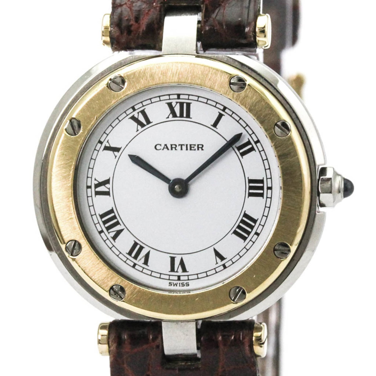 Wristwatch of Cartier: Wristwatch of Cartier Stainless steel and yellow gold come together in this elegant Cartier wristwatch, featuring a white dial and leather band. The 27mm case has some minor signs of wear, with a few 