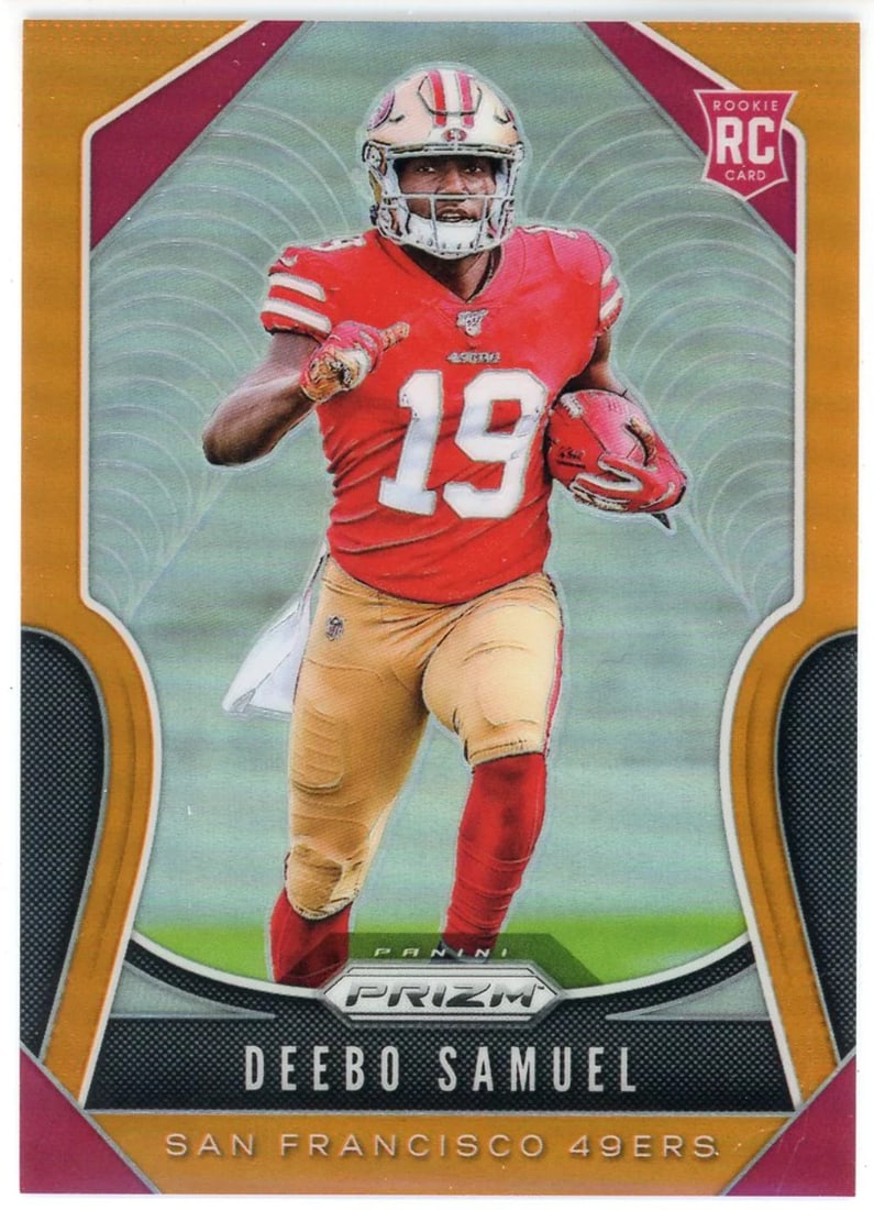 Deebo Samuel 2019 Panini Prizm Orange Prizm Rookie Card #346: Deebo Samuel 2019 Panini Prizm Orange Prizm Rookie Card #346 Numbered 96 out of 249, this 2019 Panini Prizm Orange Prizm Rookie Card #346 features Deebo Samuel. The card bears a signature and is part 