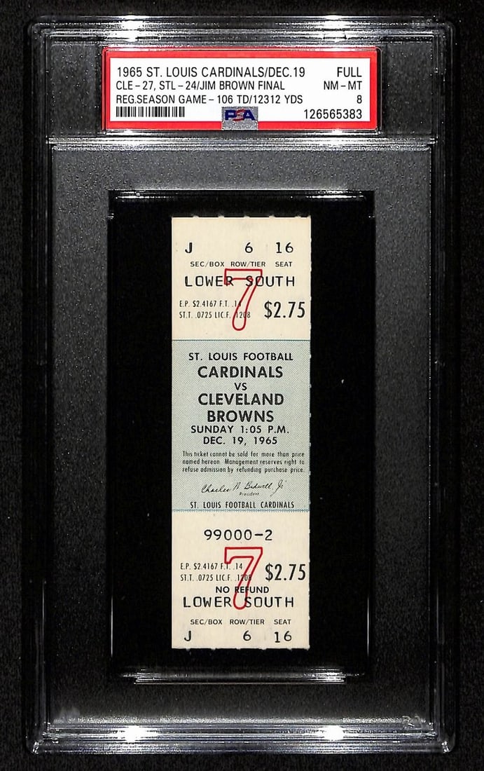 Dec 19, 1965 Cardinals vs. Browns Full Ticket Jim Brown Last Game PSA NM-MT 8: Dec 19, 1965 Cardinals vs. Browns Full Ticket Jim Brown Last Game PSA NM-MT 8 Original 1965 full ticket from the Cardinals vs. Browns game on December 19, 1965, featuring Jim Brown's last game in the 