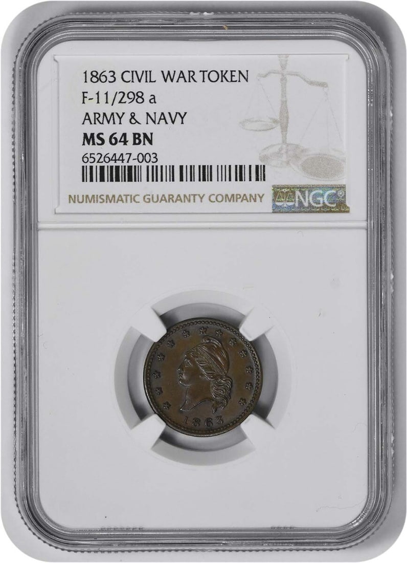 1863 Civil War Token Patriotic Army & Navy 11/ 298 MS64BN NGC: 1863 Civil War Token Patriotic Army & Navy 11/ 298 MS64BN NGC Item Specifics: Circulated/Uncirculated: Circulated Product Disclaimer: Grades are third-party opinions; authenticity is guaranteed. Bulli