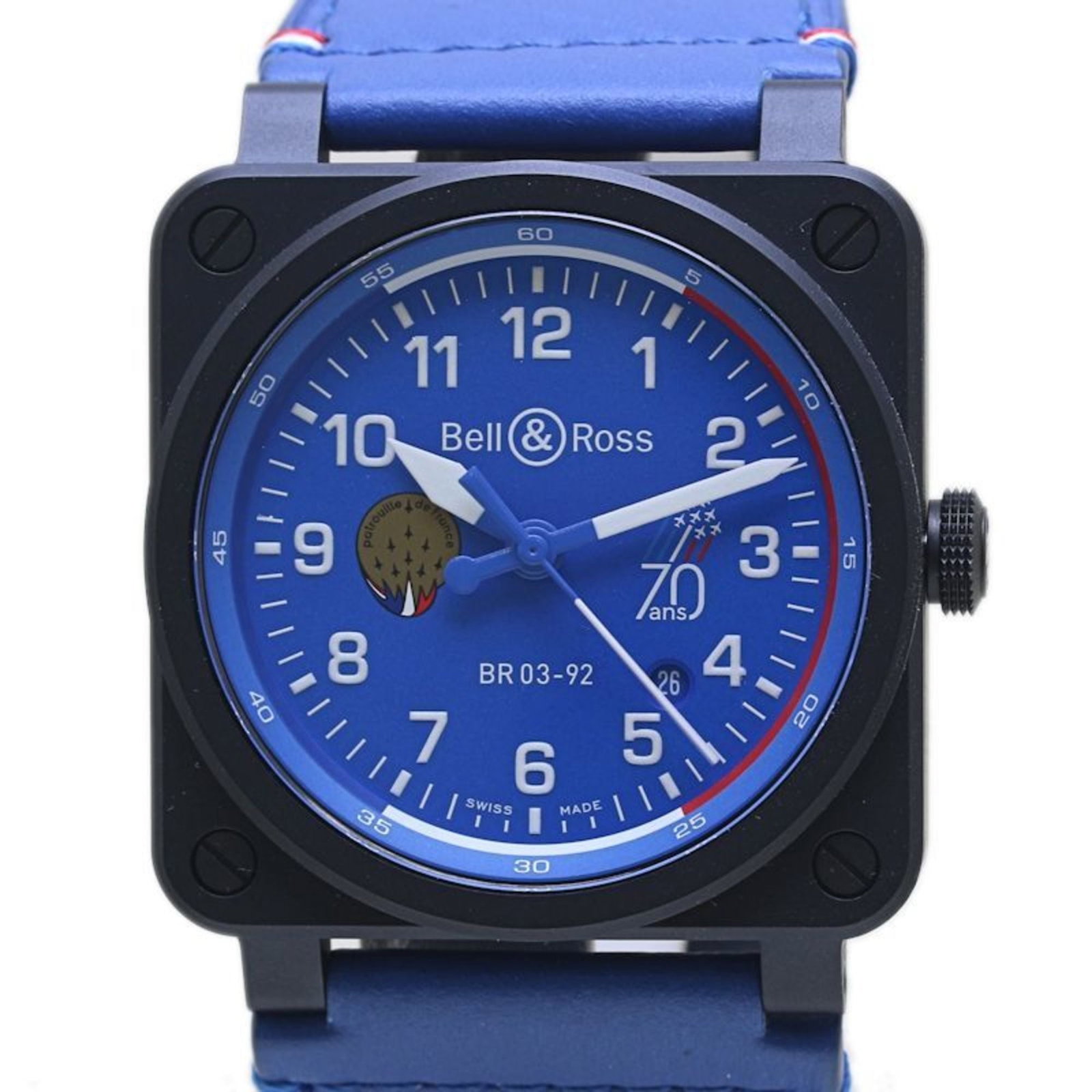 Ross wristwatch bell: Ross wristwatch bell Ceramic case and leather band make for a stylish combination in this 42mm blue dial Bell & Ross wristwatch. The watch has some minor scratches and dirt, but remains in very good c