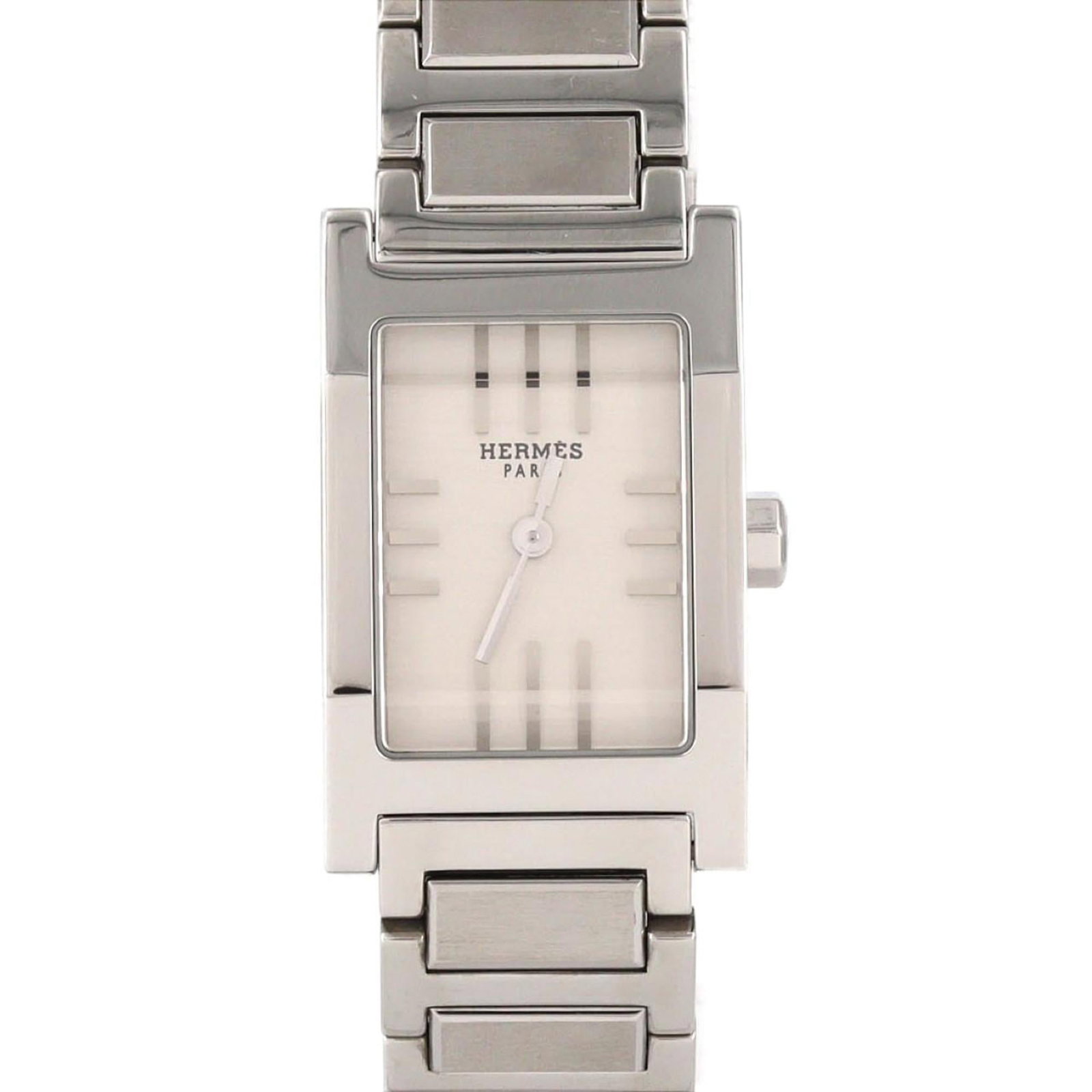Hermes Wristwatch: Hermes Wristwatch Stainless steel case and band, silver dial, and classic design make this Hermes wristwatch a timeless accessory. With its 18.5mm diameter and adjustable size to fit wrists up to 16.5