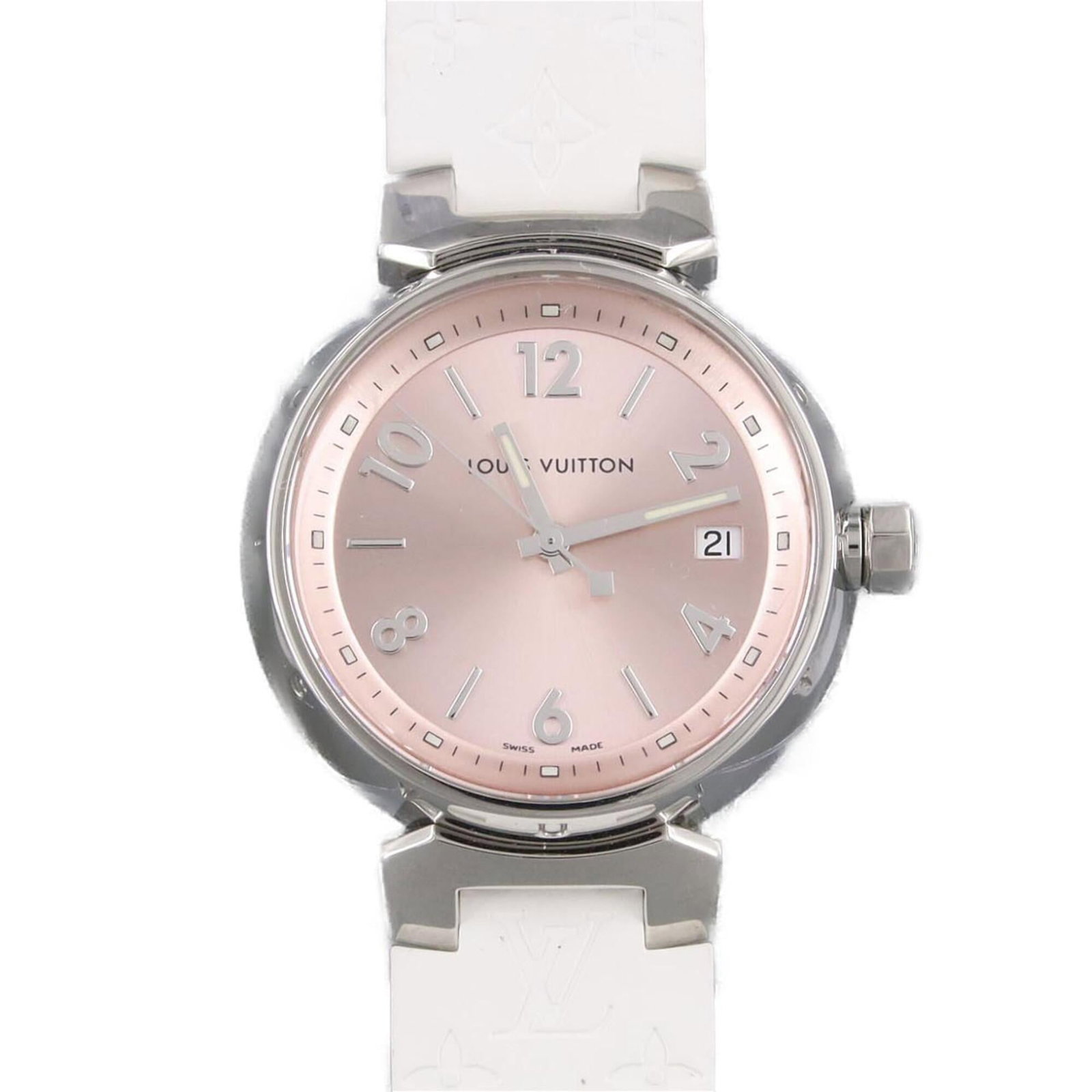 Wristwatch from Louis Vuitton: Wristwatch from Louis Vuitton Stainless steel case and pink dial make for a striking combination in this Louis Vuitton wristwatch. The rubber and stainless steel band adds a touch of comfort and durab