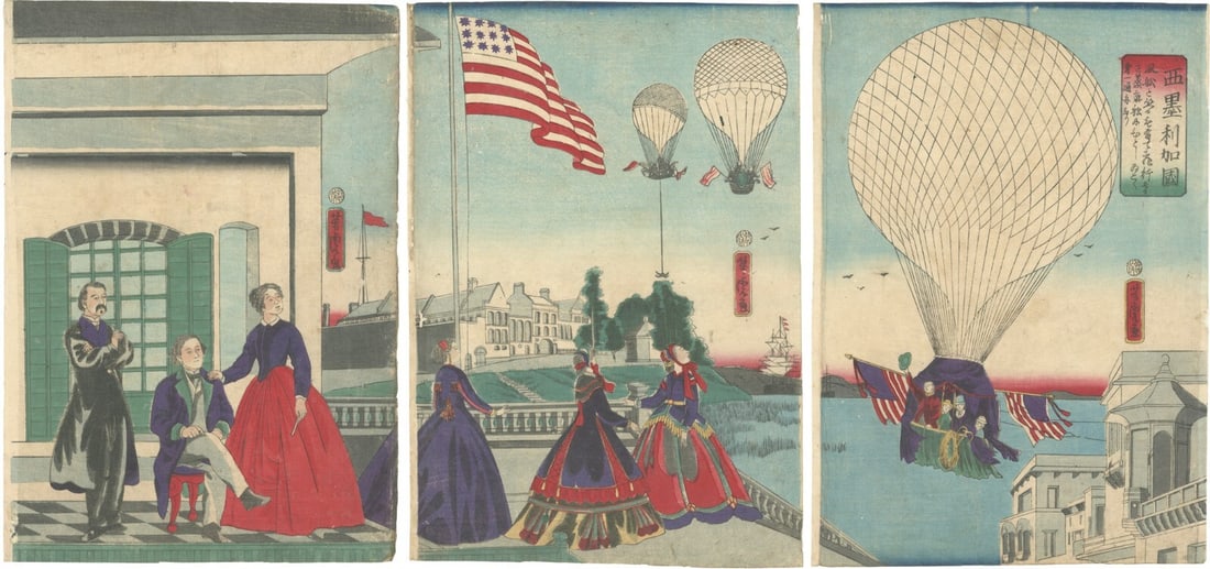 WB Yoshitora Japanese Woodblock Prints Ukiyo-e United States of America in 1867: WB Yoshitora Japanese Woodblock Prints Ukiyo-e United States of America in 1867 Japanese Woodblock Prints Ukiyo-e from the United States in 1867 showcase a unique blend of traditional craftsmanship an
