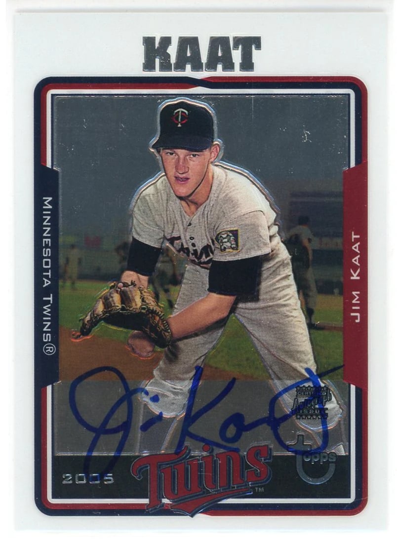 Jim Kaat Autographed 2005 Topps Card #TA-JLK: Jim Kaat Autographed 2005 Topps Card #TA-JLK Authentic Jim Kaat Autographed 2005 Topps Card #TA-JLK. This card features a factory signed image in blue pen across the front, bearing the signature of Ji