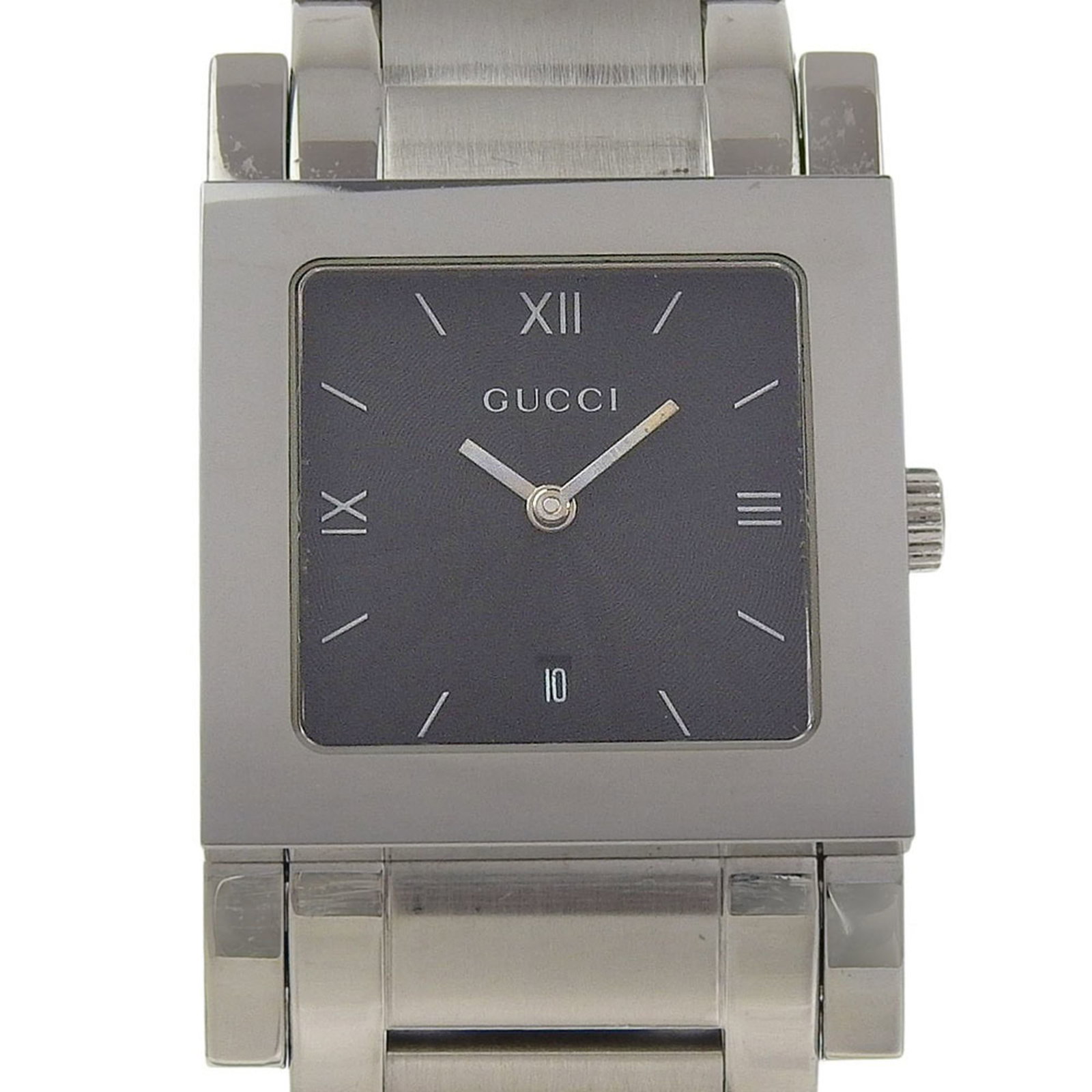 Gucci Wristwatch: Gucci Wristwatch Stainless steel case and band add an edgy touch to this Gucci wristwatch, featuring a sleek black dial. With its 45mm diameter and 17cm length, it's designed to make a statement on an