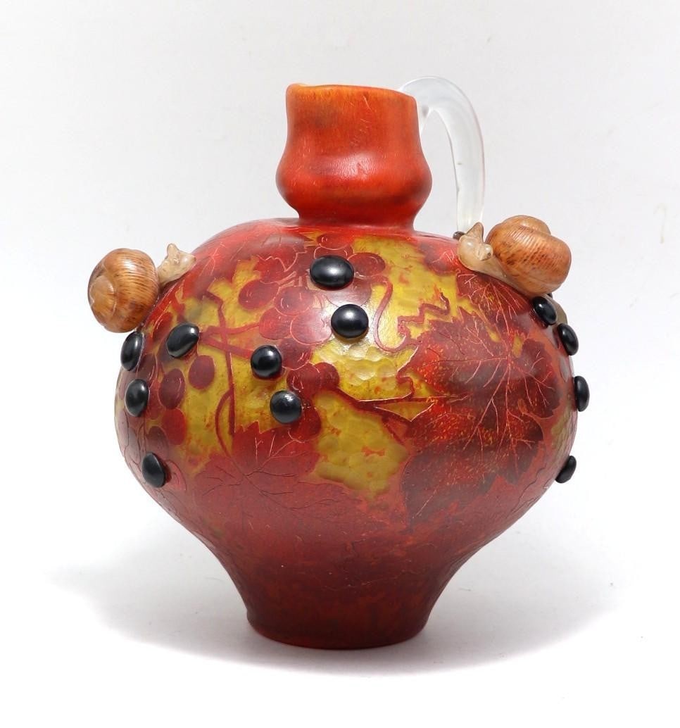 Signed Vintage Grapes and Snails Large Vase Daum Nancy: Signed Vintage Grapes and Snails Large Vase Daum Nancy The Daum Nancy vase boasts an exquisite Art Nouveau design, characteristic of the era's ornate and intricate style. Hand-blown glass with a rich 