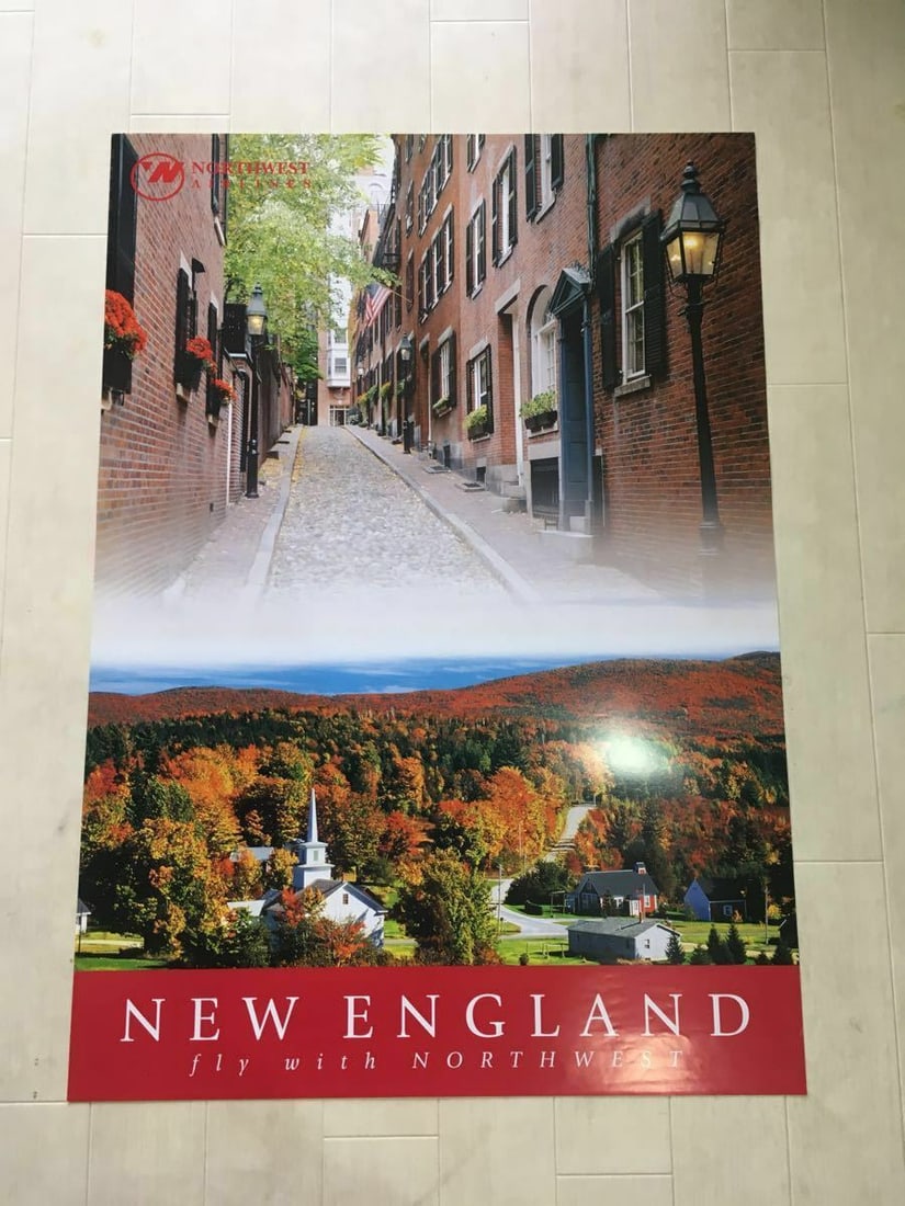 Original Travel Ad Poster "NEW ENGLAND" by Northwest Airlines airport display: Original Travel Ad Poster "NEW ENGLAND" by Northwest Airlines airport display Original Travel Ad Poster "NEW ENGLAND" by Northwest Airlines airport display bears the signature of an artist. This vinta