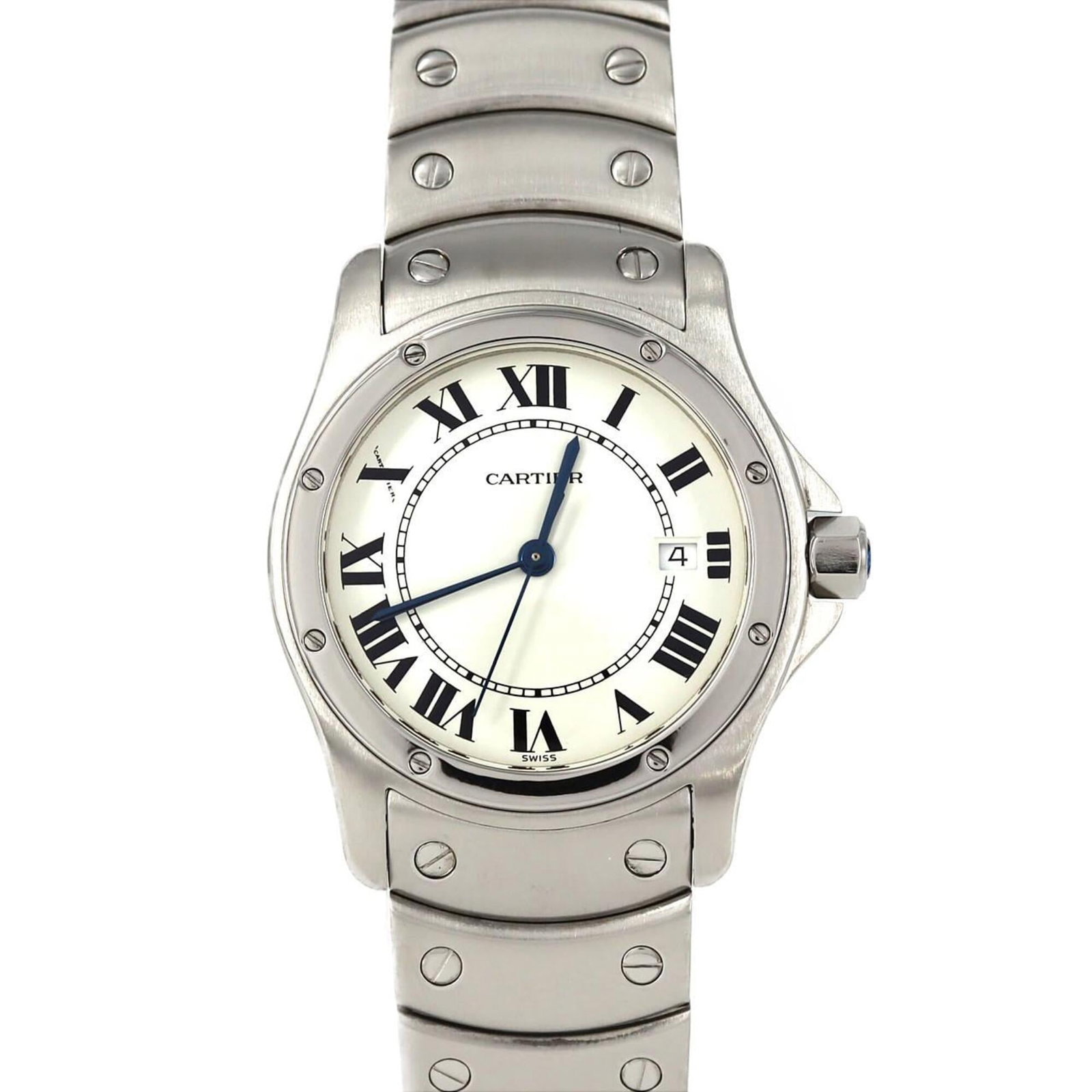 Wristwatch of Cartier: Wristwatch of Cartier Stainless steel case and band, white dial, and a classic design make this Cartier wristwatch a timeless accessory. With its 29.5mm diameter and adjustable size to fit wrists up t