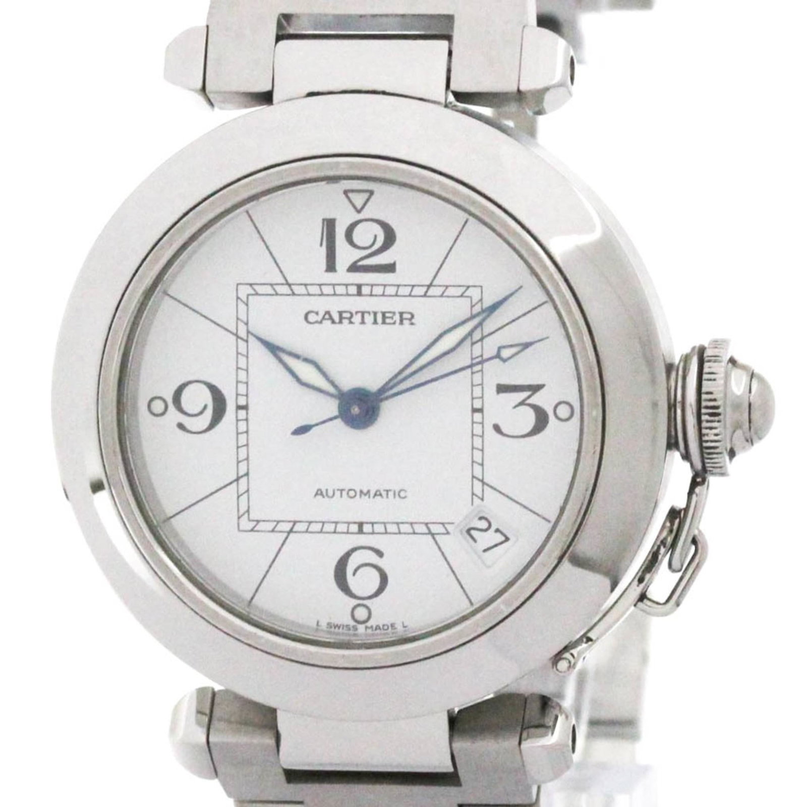 Wristwatch of Cartier: Wristwatch of Cartier Stainless steel case and band, this Cartier wristwatch boasts a sleek white dial. With a diameter of 35mm, it's a stylish accessory for formal occasions. Showing signs of light u