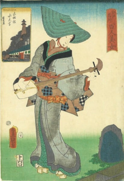 1857 Toyokuni III Woodblock Print 100 Beauties Edo Akabane Suitengu Ukiyo e: 1857 Toyokuni III Woodblock Print 100 Beauties Edo Akabane Suitengu Ukiyo e Utagawa Toyokuni III's 1857 woodblock print, '100 Beauties of Famous Places in Edo / Akabane Suitengu', showcases the artist