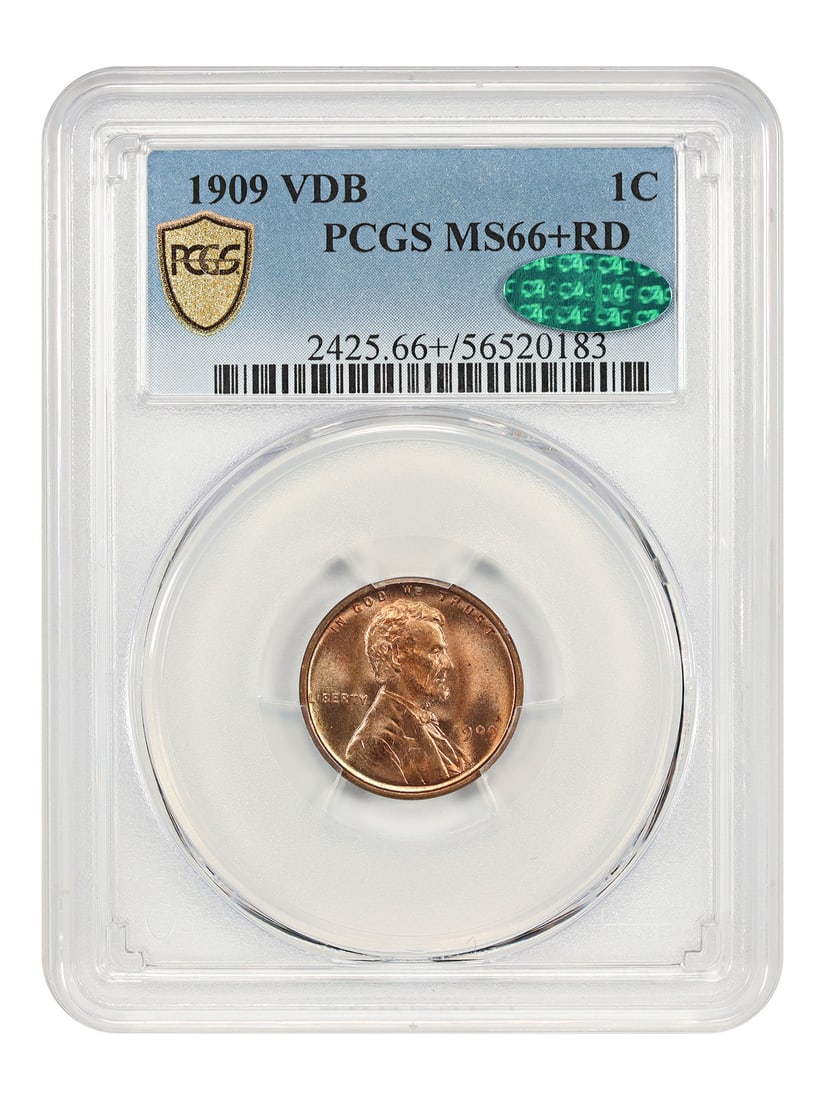 1909 VDB 1C PCGS/ CAC MS66+RD - Lincoln Cent (Wheat Reverse) - Popular VDB Issue: 1909 VDB 1C PCGS/ CAC MS66+RD - Lincoln Cent (Wheat Reverse) - Popular VDB Issue The 1909 VDB Lincoln Cent, graded MS66+ by PCGS and CAC, boasts exceptional condition with its RD strike designation. A