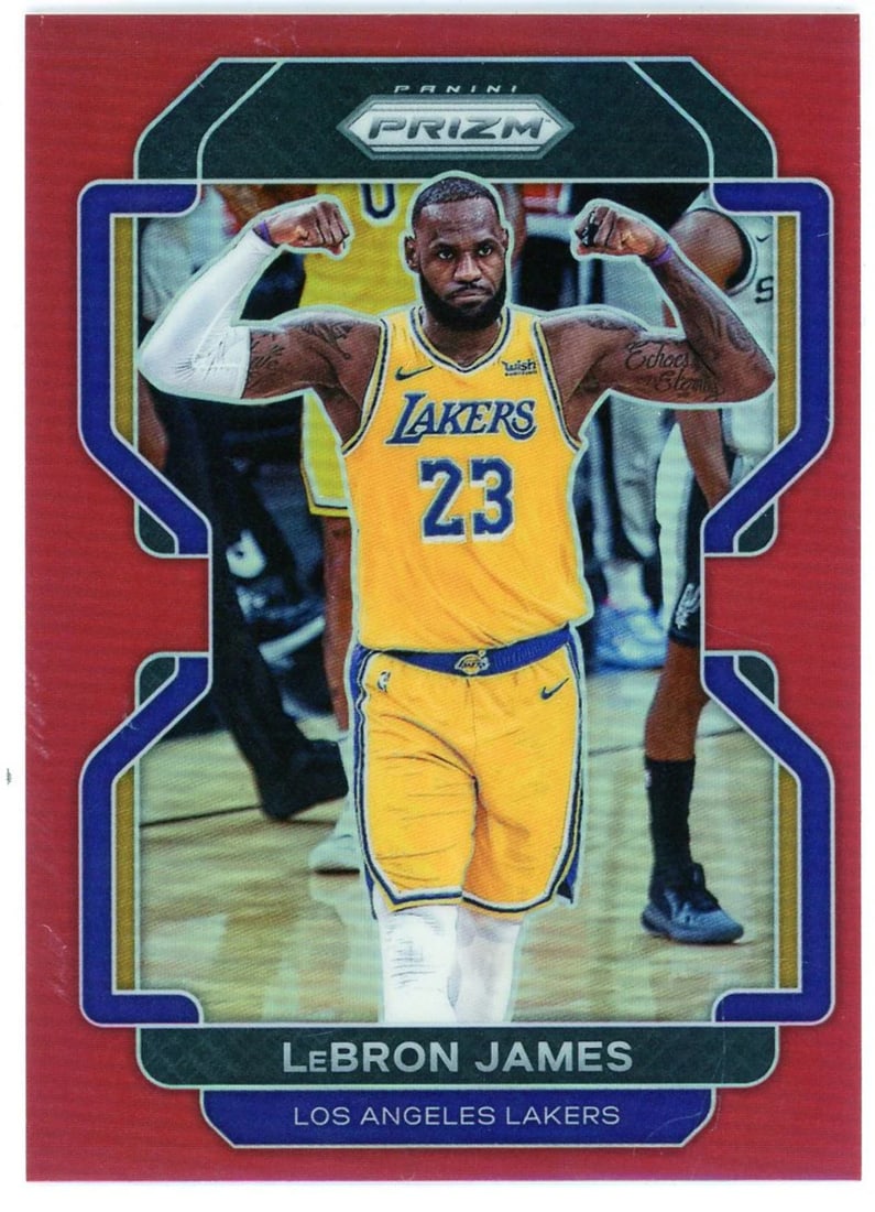 LeBron James 2021 22 Panini Prizm Red Prizm Card #91: LeBron James 2021 22 Panini Prizm Red Prizm Card #91 Numbered 63 out of 299, this LeBron James 2021-22 Panini Prizm Red Prizm Card #91 features a unique and collectible design. The card's numbered edi