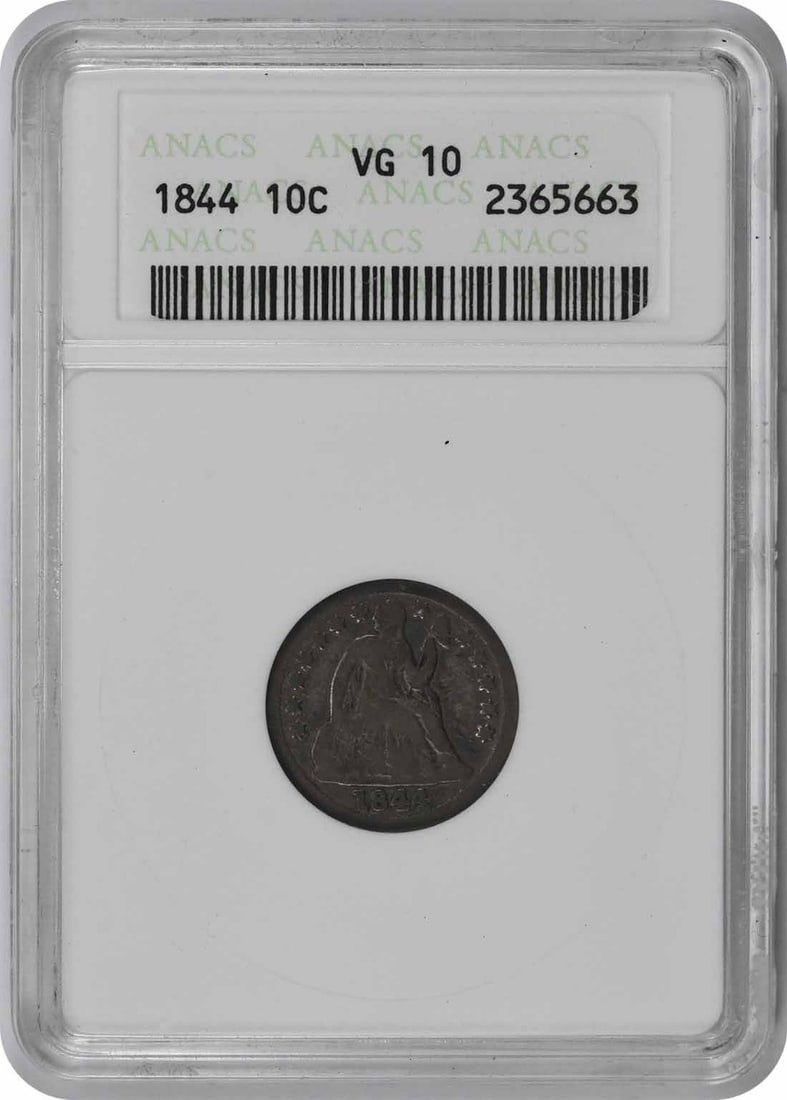 1844 Liberty Seated Silver Dime VG10 ANACS: 1844 Liberty Seated Silver Dime VG10 ANACS The 1844 Liberty Seated Silver Dime features Christian Gobrecht's iconic design, showcasing Seated Liberty on the reverse and a wreathed eagle on the obverse