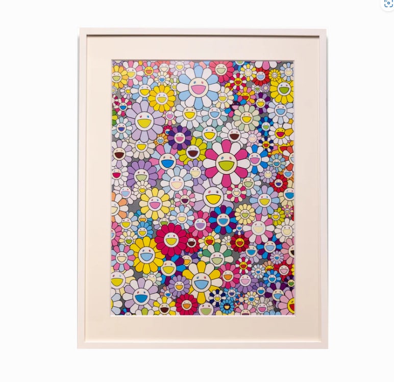 Takashi Murakami Champagne Supernova: Multi + Pink and White Stripes ED300: Takashi Murakami Champagne Supernova: Multi + Pink and White Stripes ED300 Takashi Murakami's vibrant artwork, Champagne Supernova, comes to life in this multi-colored print featuring pink and white
