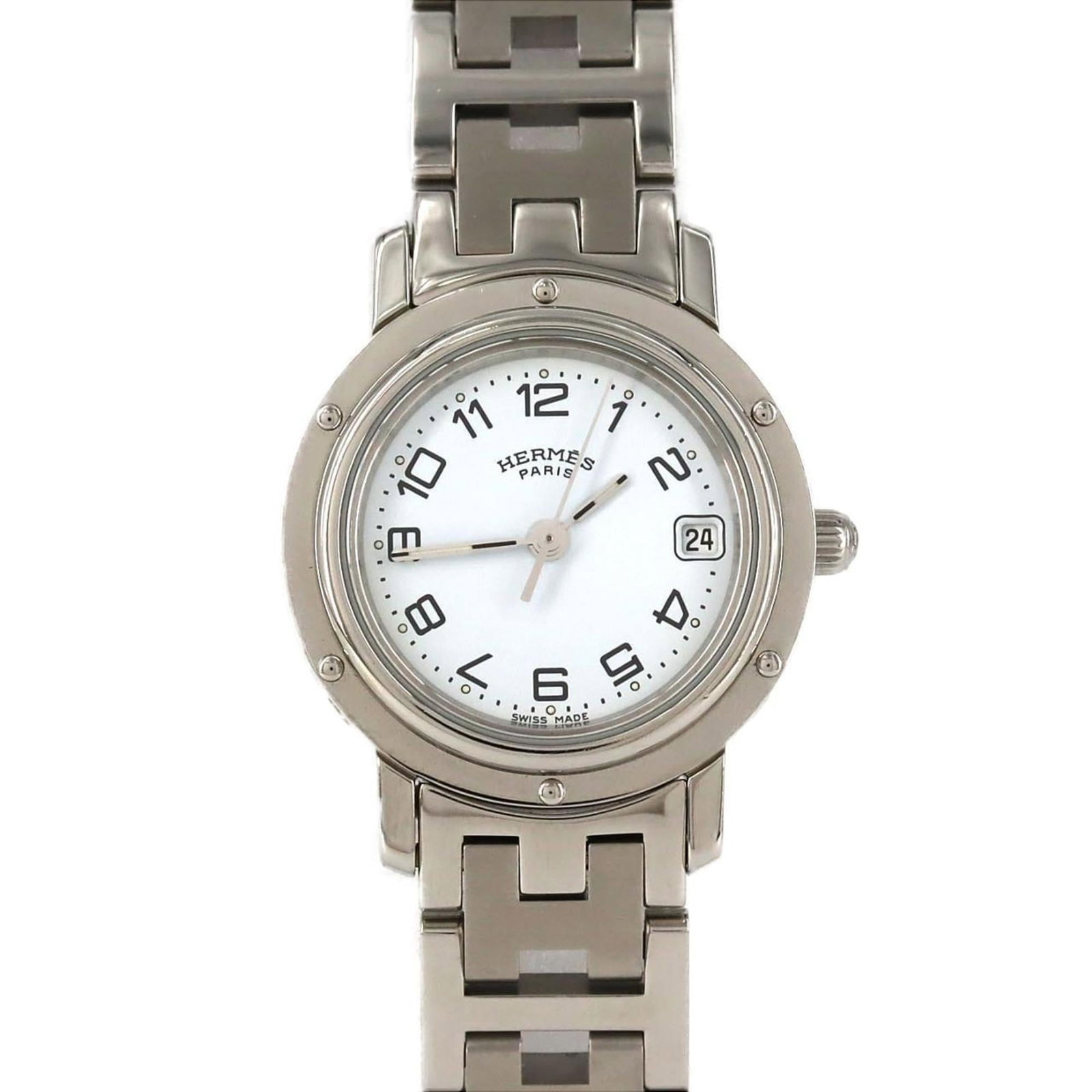 Hermes Wristwatch: Hermes Wristwatch Stainless steel case and band, white dial, and a classic 24mm design make this Hermes wristwatch a timeless accessory. With its durable construction and elegant style, it's perfect f