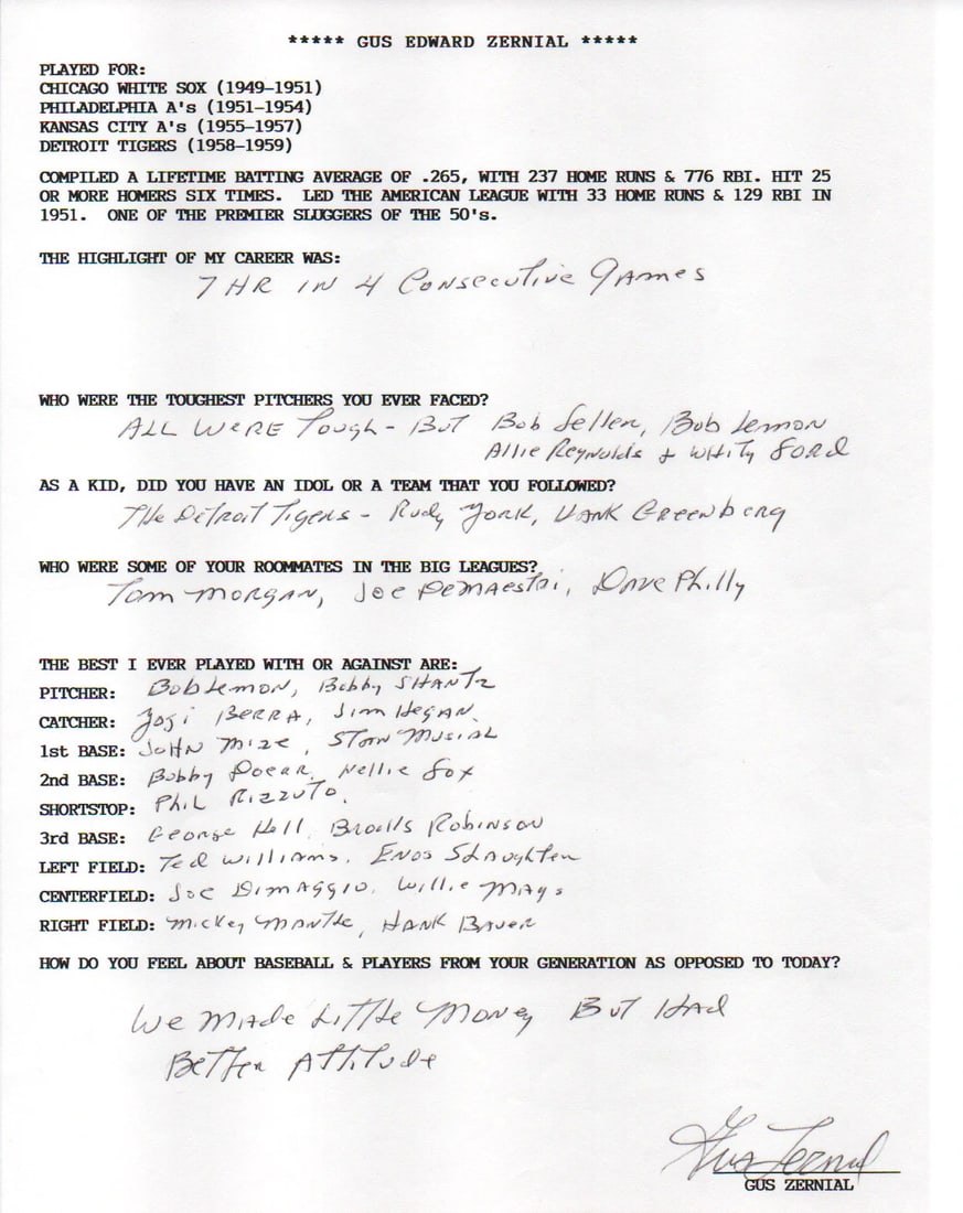 Zernial Gus Autographed Hand Filled Out Survey Page (1 of 2)