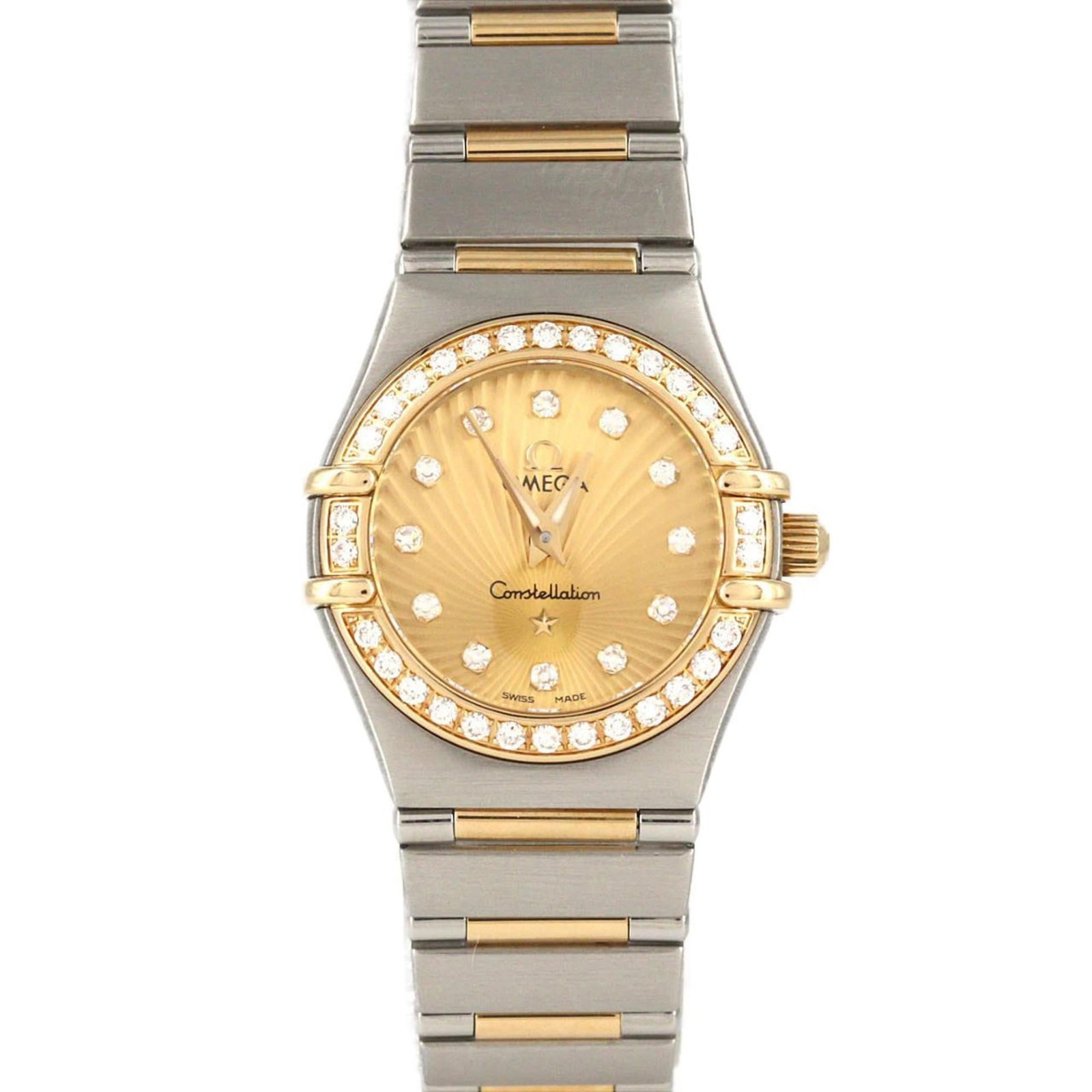 Omega Wristwatch: Omega Wristwatch Stainless steel and yellow gold combine in this Omega wristwatch, featuring a 22.5mm case diameter and a 16cm strap length suitable for wrists up to 6.29 inches in circumference. The