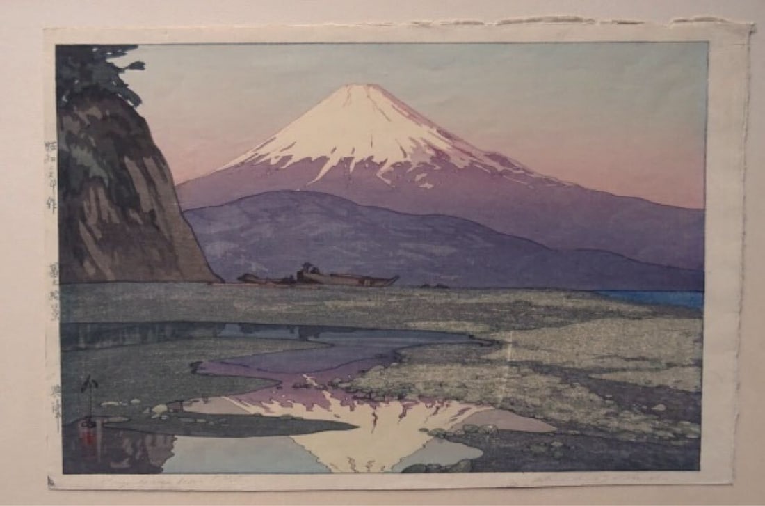 Hiroshi Yoshida woodblock print "Ten Views of Mt. Fuji, Okitsu" signed, 1928: Hiroshi Yoshida woodblock print "Ten Views of Mt. Fuji, Okitsu" signed, 1928 Signed by Hiroshi Yoshida in 1928, this woodblock print "Ten Views of Mt. Fuji, Okitsu" showcases the artist's unique inter