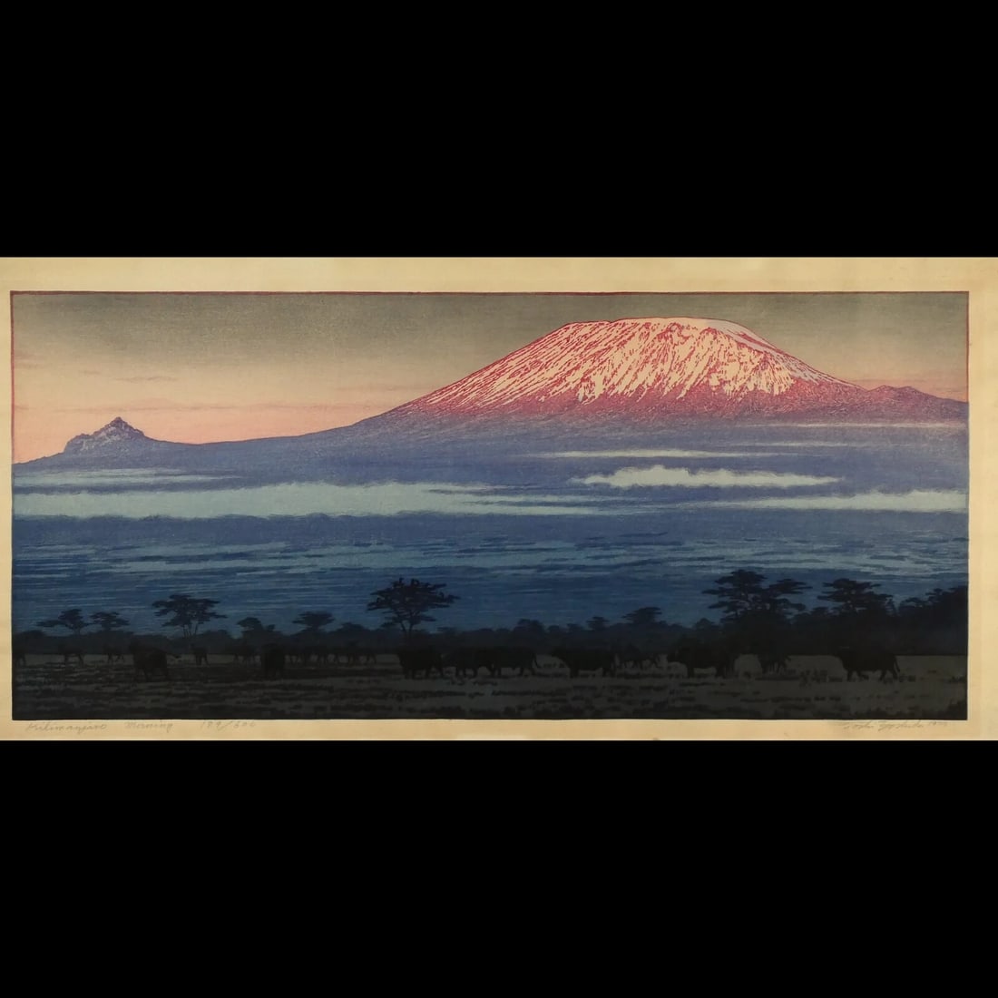 Toshi Yoshida "Kilimanjaro, Morning" Woodblock print ed.189/ 600 1977: Toshi Yoshida "Kilimanjaro, Morning" Woodblock print ed.189/ 600 1977 Toshi Yoshida's "Kilimanjaro, Morning" woodblock print, created in 1977, showcases the artist's unique style and attention to deta