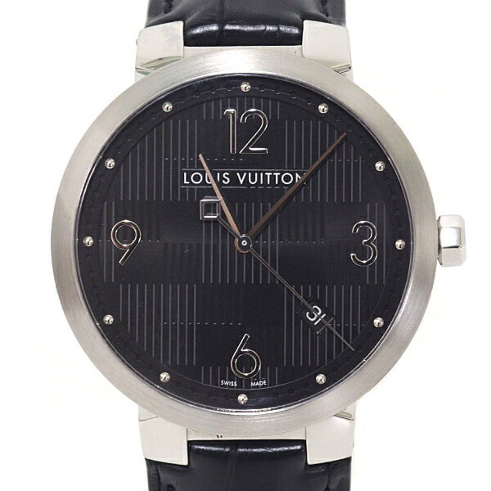 Wristwatch from Louis Vuitton: Wristwatch from Louis Vuitton Stainless steel case and black leather band make for a sleek, timeless look. This Louis Vuitton wristwatch boasts a classic design with a 39mm diameter case that fits com