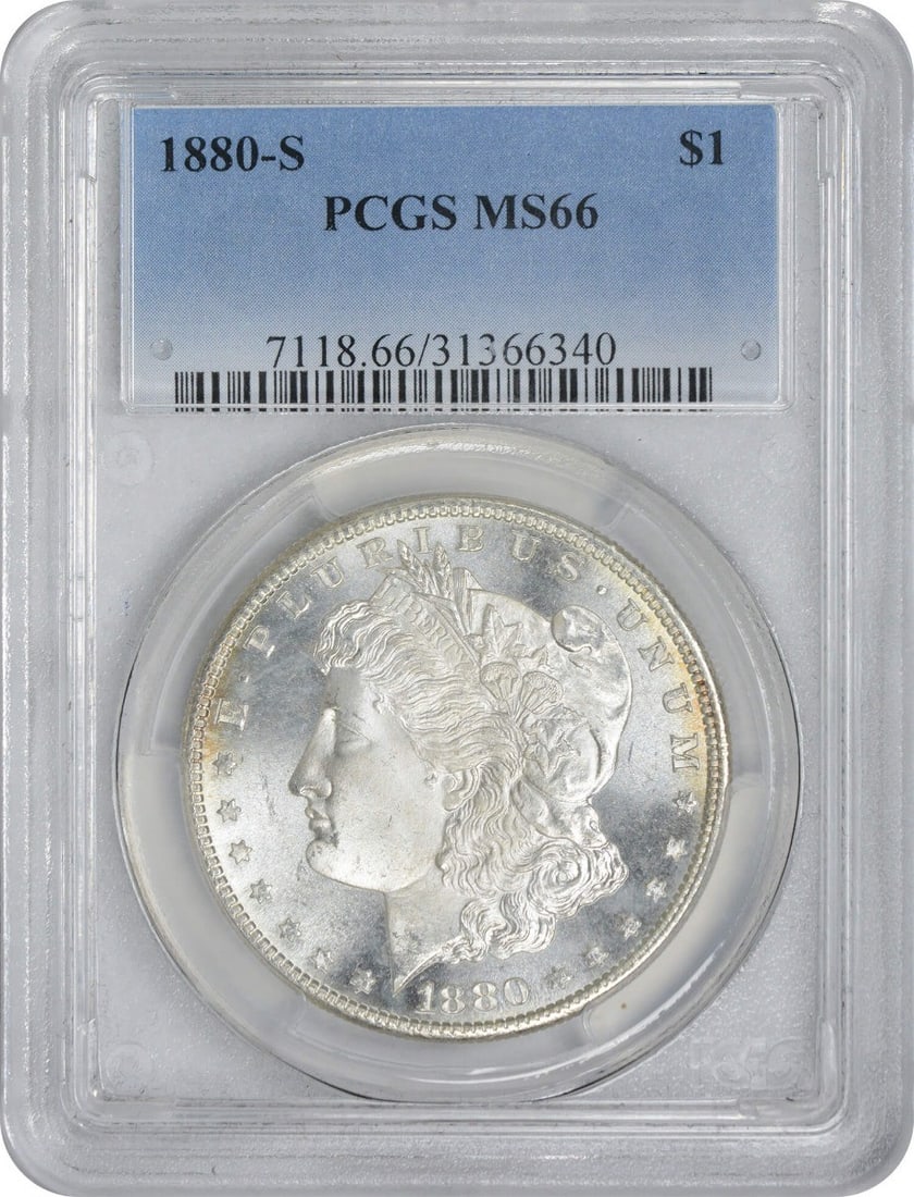 MS66 PCGS Morgan Silver Dollar 1880-S: MS66 PCGS Morgan Silver Dollar 1880-S MS66 PCGS Morgan Silver Dollar 1880-S, graded Uncirculated by the esteemed PCGS, showcases exceptional detail and luster in its 90% silver composition. The reeded