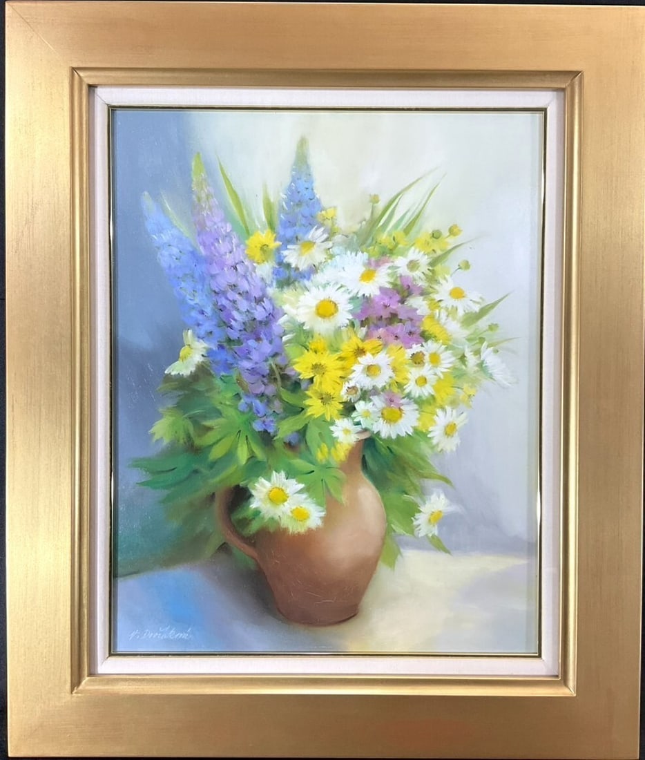 Lupines Wildflowers Floral Original Still Life Oil Painting Dvorakova: Lupines Wildflowers Floral Original Still Life Oil Painting Dvorakova Signed by V. Dvorakova, this medium-sized oil painting on canvas features a beautiful floral still life, showcasing the artist's i