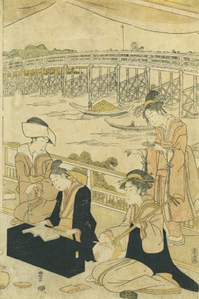 Woodblock print by Utagawa Toyokuni I of Kiyomoto e in Nishiki Oban practice.: Woodblock print by Utagawa Toyokuni I of Kiyomoto e in Nishiki Oban practice. Woodblock print by Utagawa Toyokuni I, created in the style of Nishiki Oban practice, showcases Kiyomoto e. The piece feat