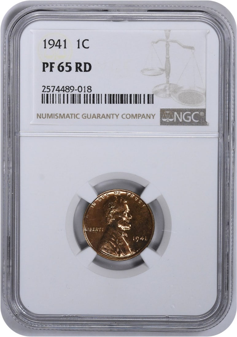1941 Lincoln Cent PR65RD NGC: 1941 Lincoln Cent PR65RD NGC PR65RD designation indicates a high level of preservation, with the coin's details still visible. The 1941 Lincoln Cent features Victor David Brenner's iconic design and b