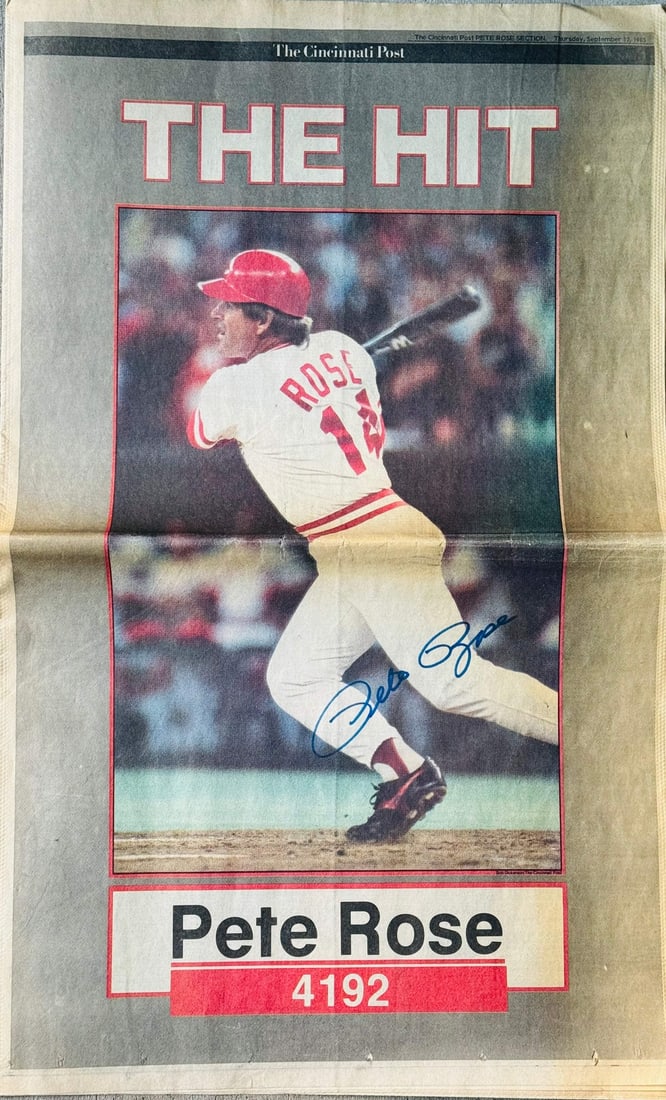 Pete Rose Autographed The Cincinnati Post Newspaper - September 12, 1985: Pete Rose Autographed The Cincinnati Post Newspaper - September 12, 1985 Signed in blue sharpie across the front of The Cincinnati Post Newspaper on September 12, 1985, Pete Rose commemorates his hist