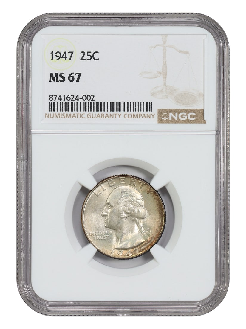 1947 25C NGC MS67 - Washington Quarter: 1947 25C NGC MS67 - Washington Quarter The 1947 Washington Quarter, graded MS67 by the NGC, boasts exceptional mint state condition with strong strike and sharp details. This uncirculated coin showcas