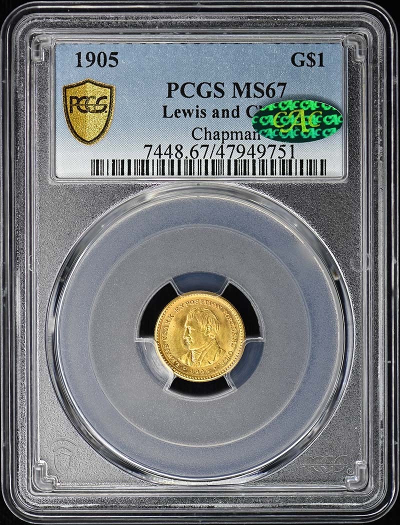 LEWIS AND CLARK 1905 G$1 Gold Commemorative PCGS MS67 (CAC): LEWIS AND CLARK 1905 G$1 Gold Commemorative PCGS MS67 (CAC) The 1905 G$1 Gold Commemorative coin, graded MS67 by PCGS, showcases its exceptional condition with a Circulated/Uncirculated designation. C