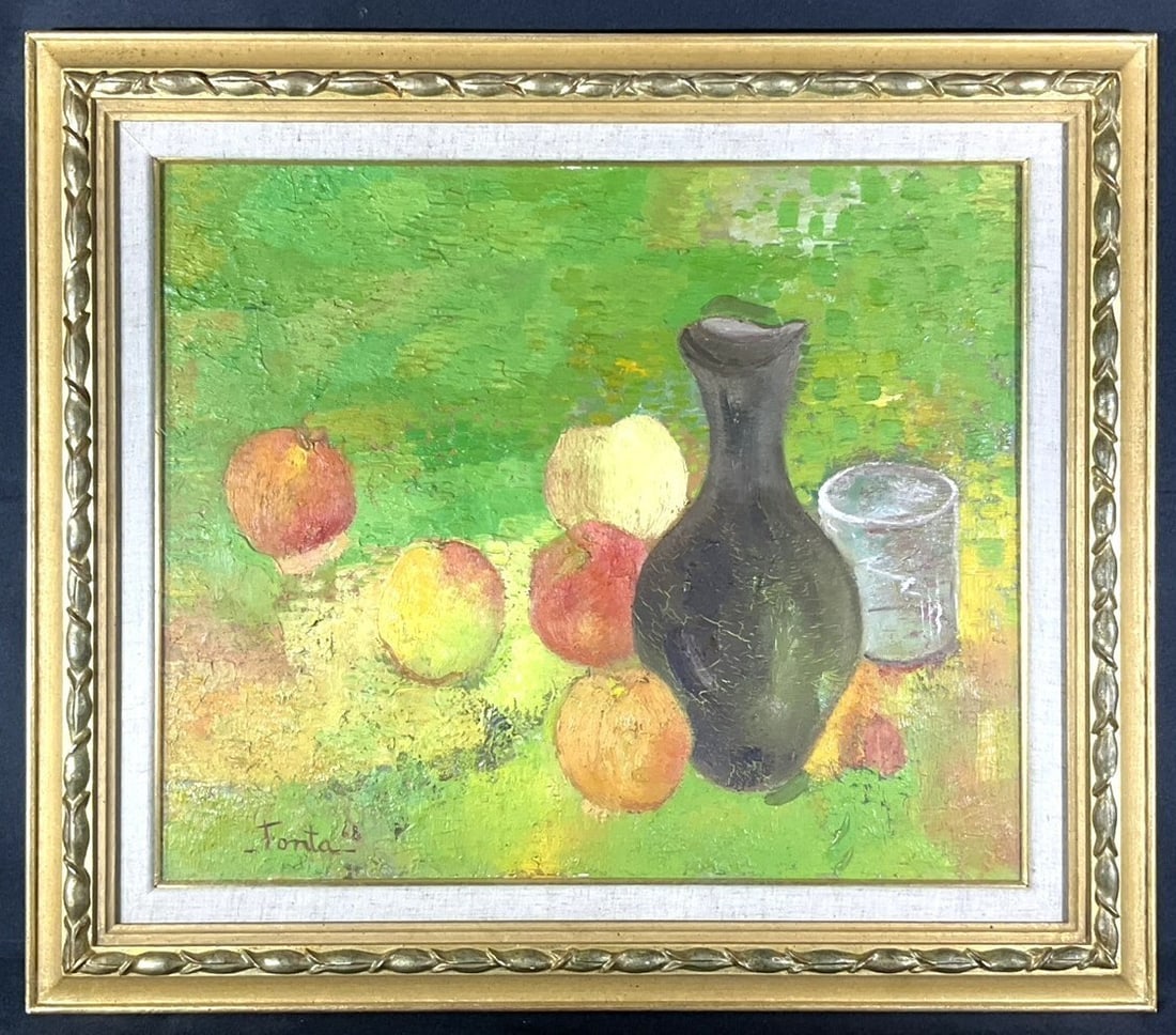 Robert Fonta 1968 Oil Painting Still Life Fruit Bottle Impasto Modern Art: Robert Fonta 1968 Oil Painting Still Life Fruit Bottle Impasto Modern Art Signed by Robert Fonta, this unique oil painting on canvas features an Impasto still life with fruit and a bottle, created in 