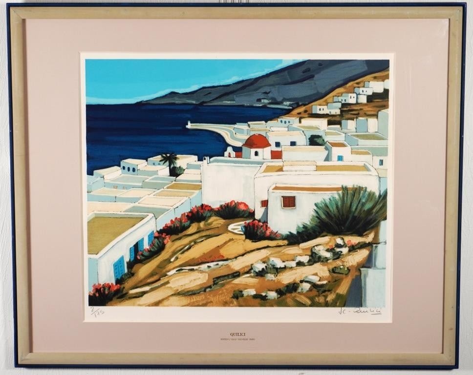 Mykonos Island Signed Framed Lithograph Art By Jean Claude Quilici Greece: Mykonos Island Signed Framed Lithograph Art By Jean Claude Quilici Greece Signed by renowned artist Jean-Claude Quilici, this large framed lithograph art piece captures the essence of Mykonos Island i