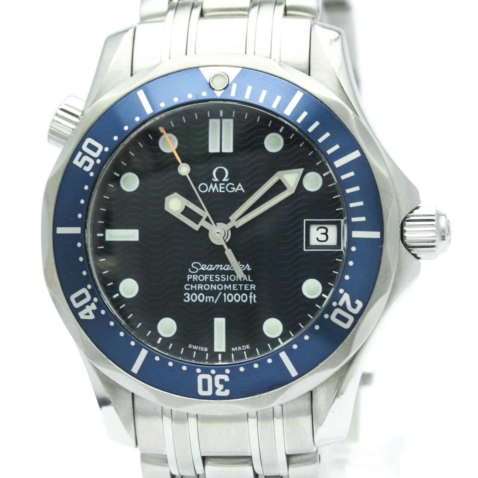 Omega Wristwatch: Omega Wristwatch Stainless steel case and band provide a durable foundation for the sporty Omega wristwatch, with a blue dial adding a pop of color. The 36mm diameter case measures up to your wrist