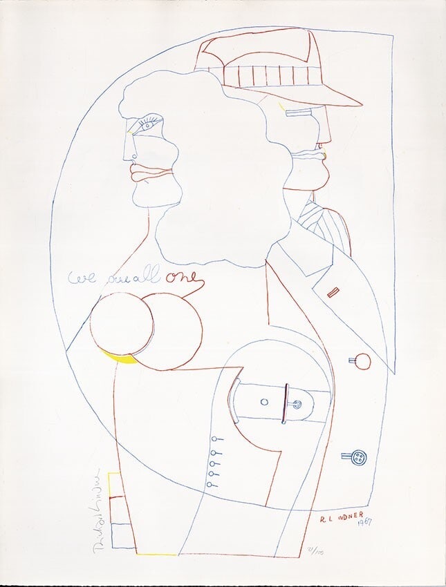 Richard Lindner "We are All One" Lithograph Limited 100 Woman Man Line 1967: Richard Lindner "We are All One" Lithograph Limited 100 Woman Man Line 1967 Richard Lindner's "We are All One" lithograph, created in 1967, showcases the artist's unique style with its multi-colored d